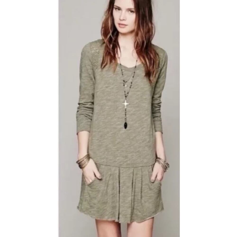 Free People- FP Sweet Nothings Drop Waist Cotton Knit Dress Green - Large